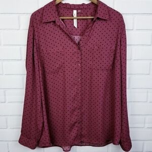 Womens Maroon Polka Dot Button Up Blouse Top Shirt Size XL‎ Long Sleeve Pockets